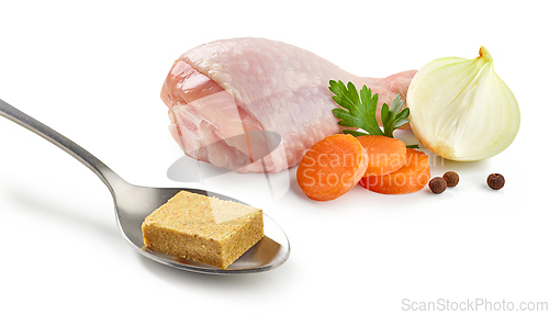 Image of fresh raw chicken leg and vegetables