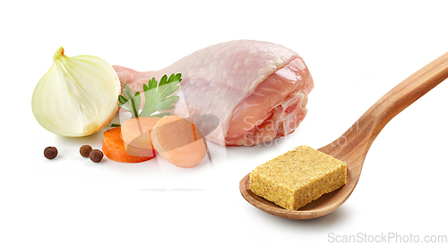 Image of fresh raw chicken leg and vegetables