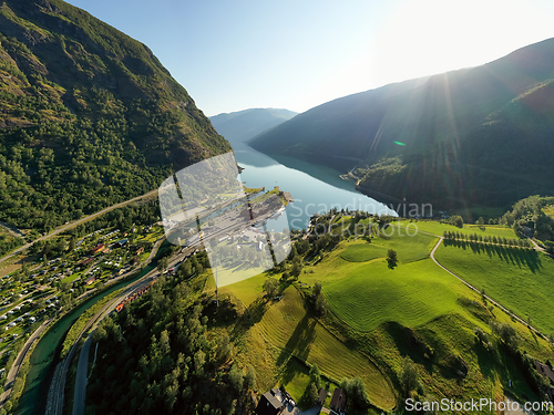 Image of Aurlandsfjord Town Of Flam at dawn.