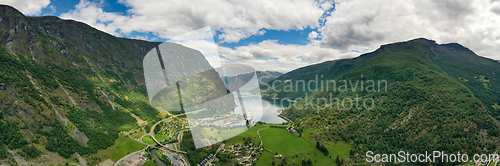 Image of Aurlandsfjord Town Of Flam at dawn.