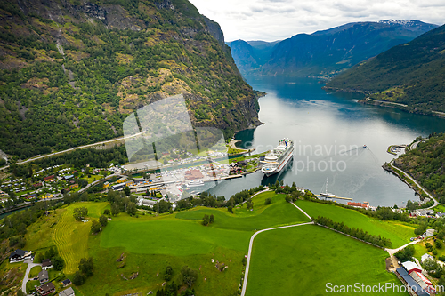 Image of Aurlandsfjord Town Of Flam at dawn.