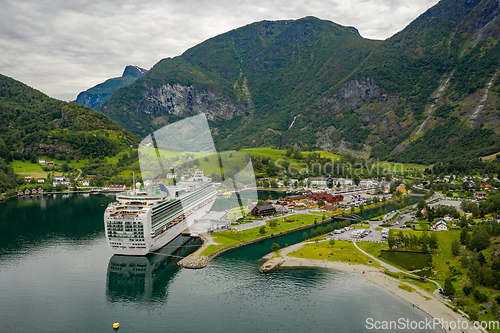 Image of Aurlandsfjord Town Of Flam at dawn.