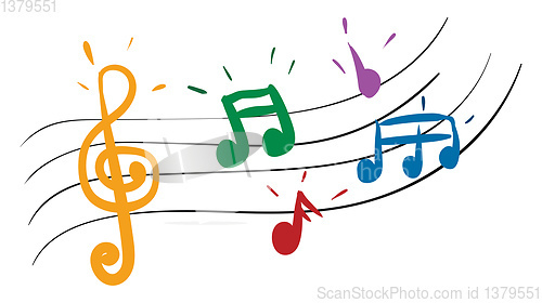 Image of Cartoon multi-colored musical notes vector or color illustration