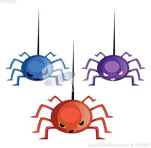 Image of Blue orange and purple scary spider vector  illustration on whit