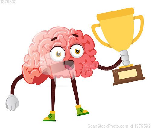 Image of Brain winning a trophy, illustration, vector on white background