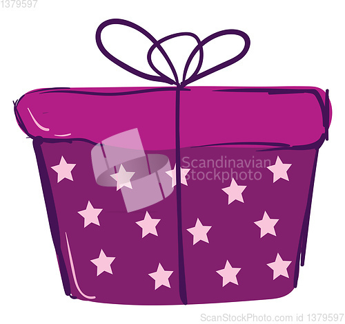 Image of A present box wrapped in bright purple and white-star design dec