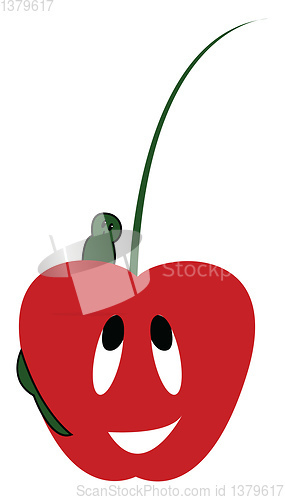 Image of A happy red cherry fruit emoji worried about a small green insec