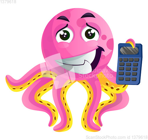 Image of Pink octopus with a calculator illustration vector on white back