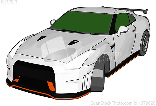 Image of White race car with green windows and orange detailes and grey r