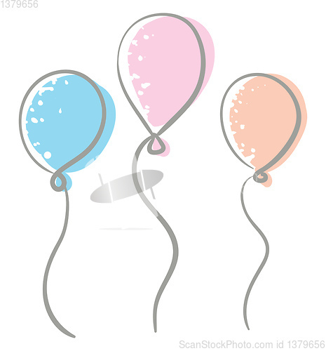Image of Three blue pink and peach balloons tied to individual strings fl