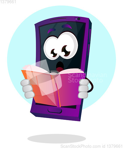 Image of Mobile emoji reading a book illustration vector on white backgro