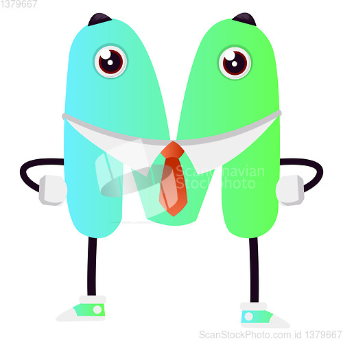 Image of Light green letter M with red tie vector illustration on white b