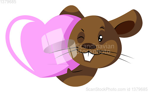 Image of Cute little brow rat with pink heart illustration vector on whit