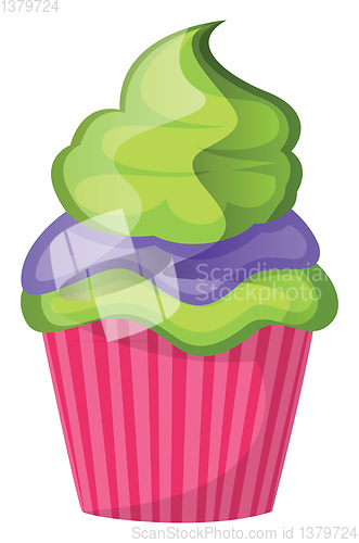 Image of Green velvet cupcake with purple and green toppingillustration v