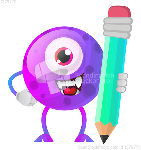 Image of One eyed purple monster holding a huge pen illustration vector o