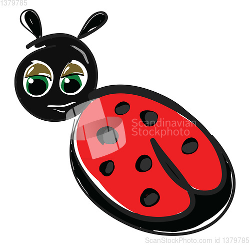 Image of Drawing of a happy ladybug insect in red and black color vector 