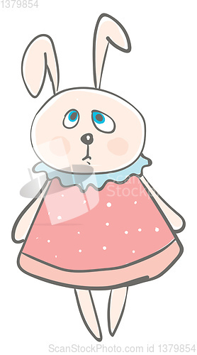 Image of Big eared hare wearing a cute pink dress designed with blue lace