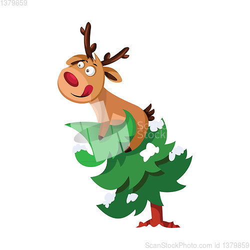 Image of Christmas deer on top of the christmas tree vector illustration 