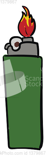 Image of A green lighter with red hot flame vector or color illustration
