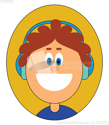 Image of Portrait of a boy wearing big blue headphones over a yellow back