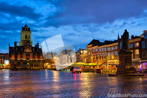 Image of Delft Market Square Markt in the evening. Delfth, Netherlands