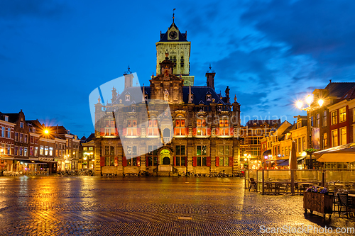 Image of Delft Market Square Markt in the evening. Delfth, Netherlands