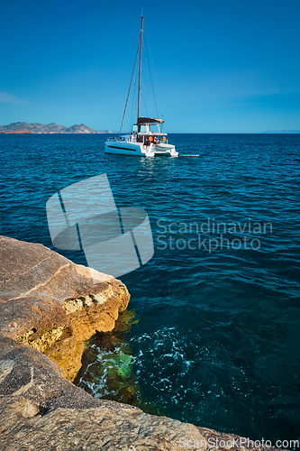 Image of Yacht boat at Sarakiniko Beach in Aegean sea, Milos island , Greece