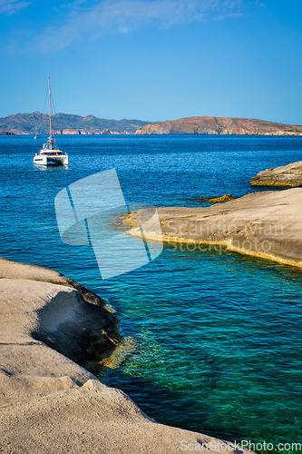 Image of Yacht boat at Sarakiniko Beach in Aegean sea, Milos island , Greece