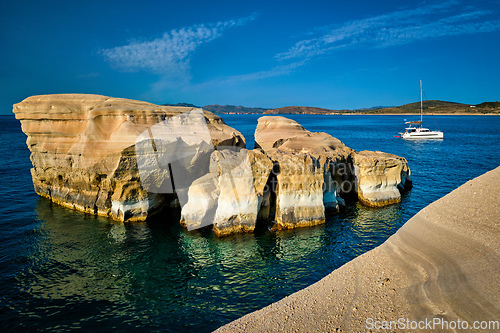 Image of Yacht boat at Sarakiniko Beach in Aegean sea, Milos island , Greece