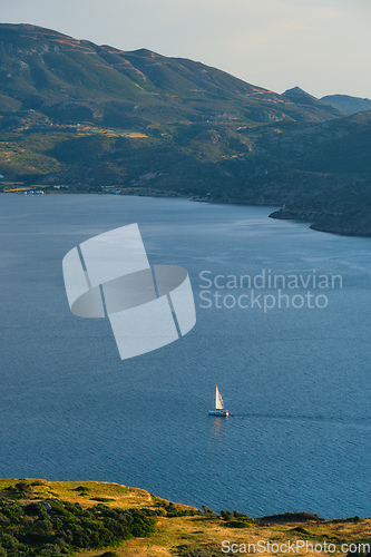 Image of Yacht in Aegean sea near Milos island. Milos island, Greece