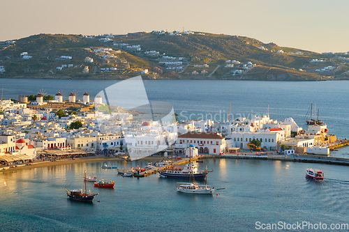 Image of Mykonos island port with boats, Cyclades islands, Greece