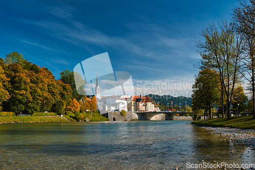 Image of Bad Tolz - picturesque resort town in Bavaria, Germany in autumn and Isar river