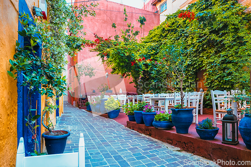 Image of Scenic picturesque streets of Chania venetian town. Chania, Creete, Greece