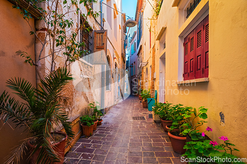 Image of Scenic picturesque streets of Chania venetian town. Chania, Creete, Greece