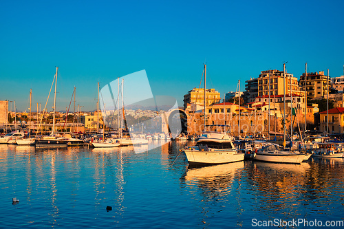 Image of Venetian Fort in Heraklion and moored fishing boats, Crete Island, Greece