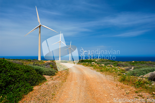 Image of Wind generator turbines. Crete island, Greece