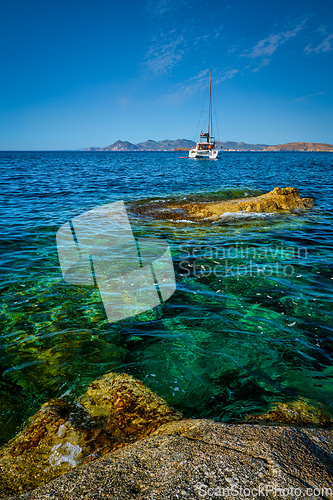 Image of Yacht boat at Sarakiniko Beach in Aegean sea, Milos island , Greece