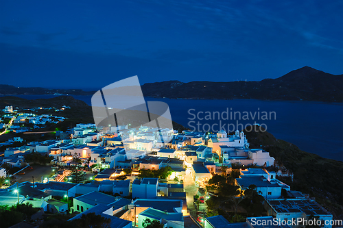 Image of Greek town Plaka aerial view in the evening. Milos island, Greece