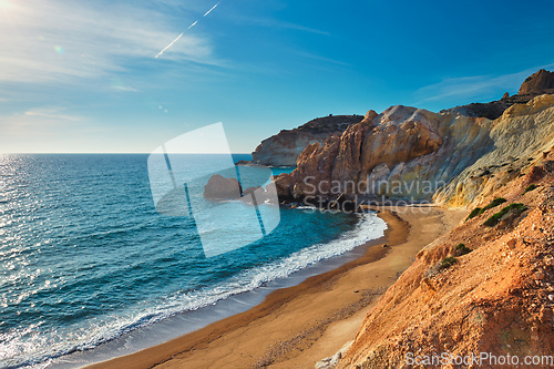 Image of Agios Ioannis beach on sunset. Milos island, Greece