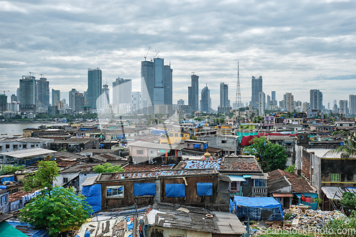 Image of View of Mumbai skyline over slums in Bandra suburb
