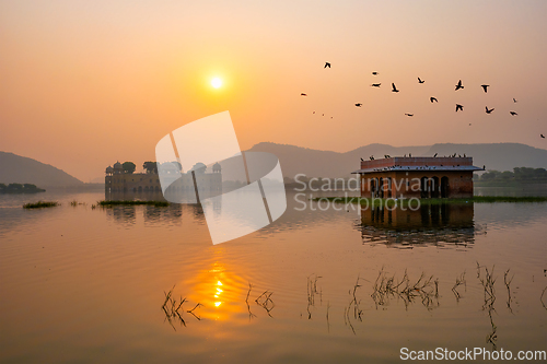 Image of Tranquil morning at Jal Mahal Water Palace at sunrise in Jaipur. Rajasthan, India