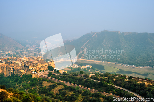 Image of View of Amer Amber fort and Maota lake, Rajasthan, India