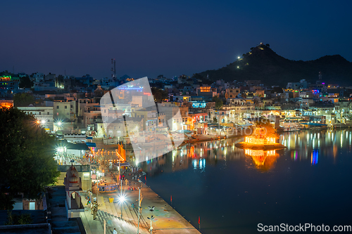 Image of View of indian pilgrimage sacred city Pushkar with Pushkar ghats. Rajasthan, India. Horizontal pan