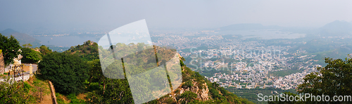 Image of View of Udaipur and Lake Pichola from Monsoon Palace. Udaipur, Rajasthan, India