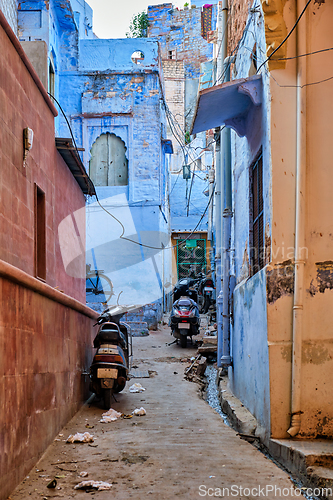 Image of Bikes parked in street of Jodphur. Jodhpur, Rajasthan, India