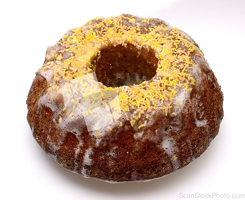 Image of delicious round easter cake on white