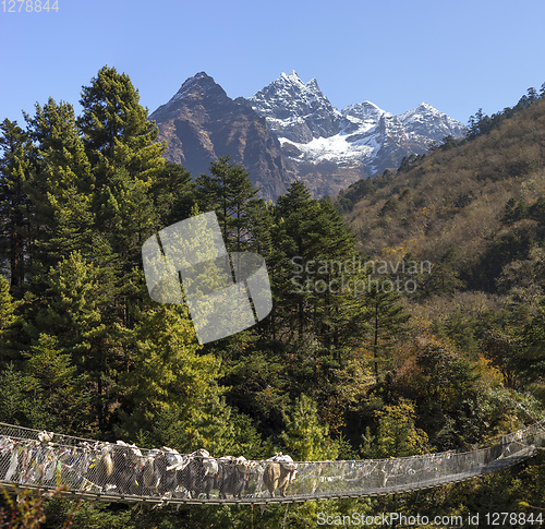 Image of Yaks caravan crossing suspension bridge in Himalayas