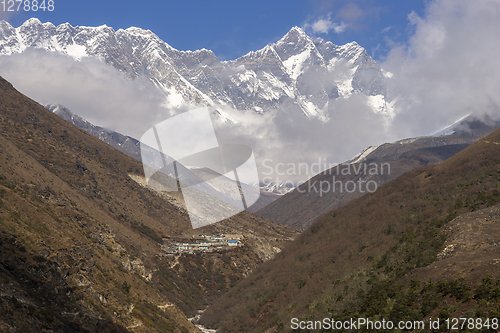 Image of Everest summit, Lhotse and village in Himalayas