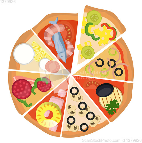 Image of Eight different slices of pizzaPrint