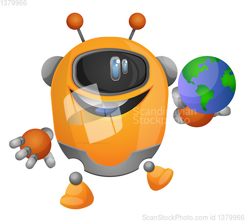 Image of Cartoon robot holding a globe illustration vector on white backg